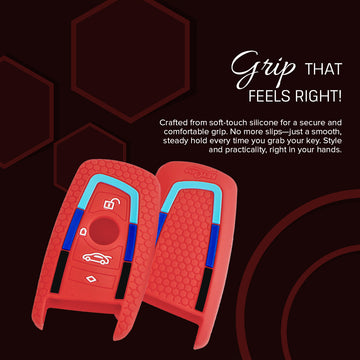 Keycare silicone key cover and keyring fit for : X4, X3, 5 Series, 6 Series, 3 Series, 7 Series 4 button smart key (T1) (KC-58, Leather Thread Keychain)