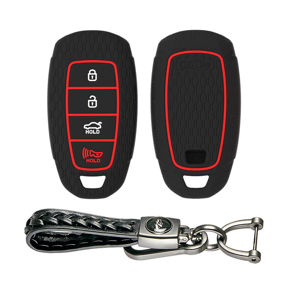 Keycare silicone key cover and keyring fit for : Verna 2020 4 button smart key (KC-60, Leather Woven Keychain)