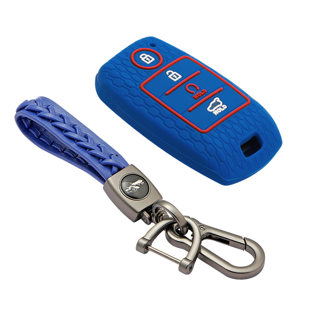 Keycare silicone key cover and keyring fit for : Sonet, Seltos 2020, Carens, Seltos X-line 4 button smart key (KC-61, Leather Woven Keyring) - Keyzone