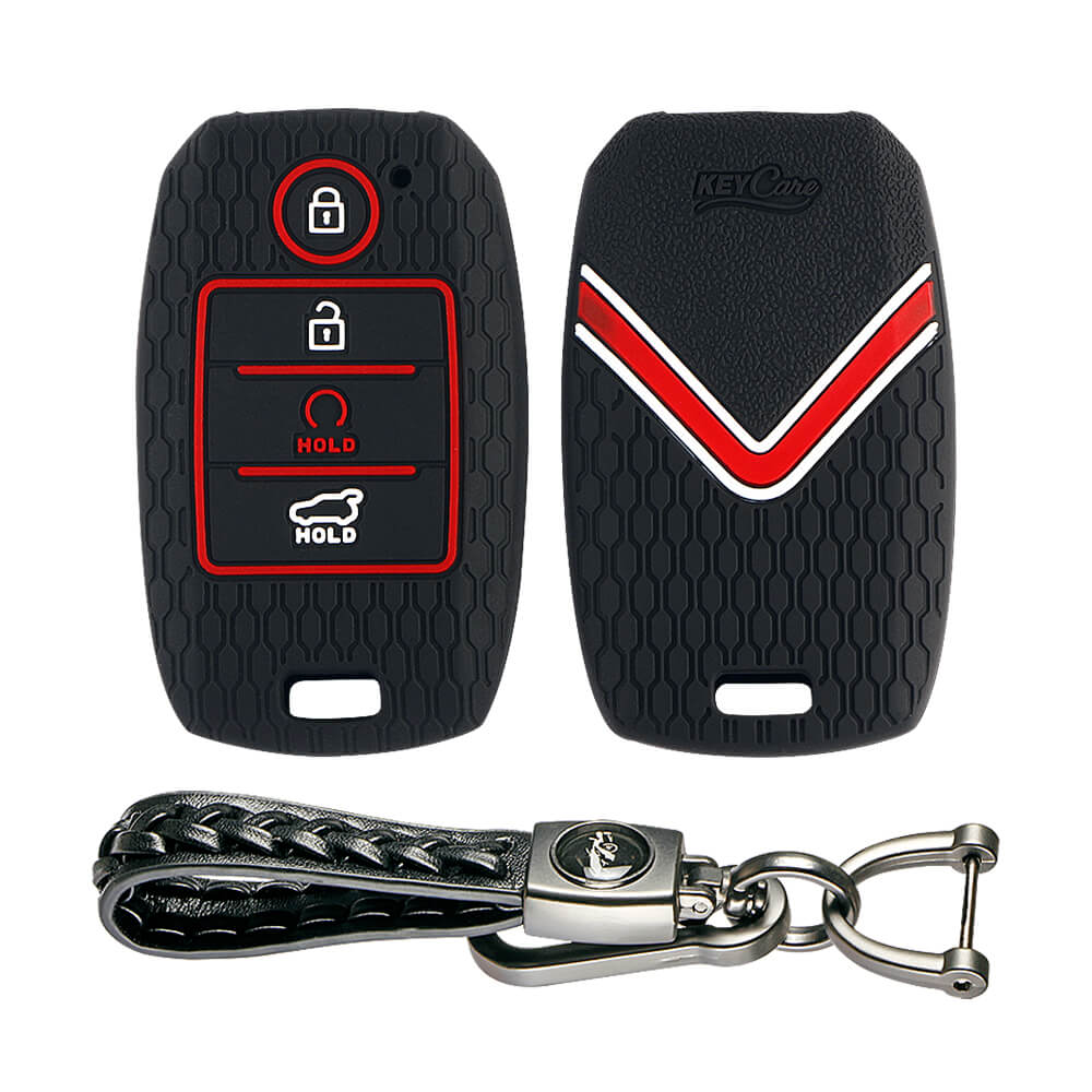 Keycare silicone key cover and keyring fit for : Sonet, Seltos 2020, Carens, Seltos X-line 4 button smart key (KC-61, Leather Woven Keyring) - Keyzone