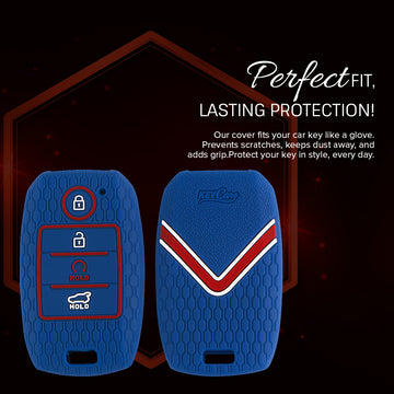 Keycare silicone key cover and keyring fit for : Sonet, Seltos 2020, Carens, Seltos X-line 4 button smart key (KC-61, Leather Woven Keyring)