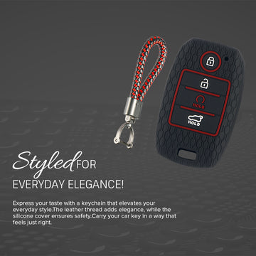 Keycare silicone key cover and keyring fit for : Sonet, Seltos 2020, Carens, Seltos X-line 4 button smart key (KC-61, Leather Thread Keyring)