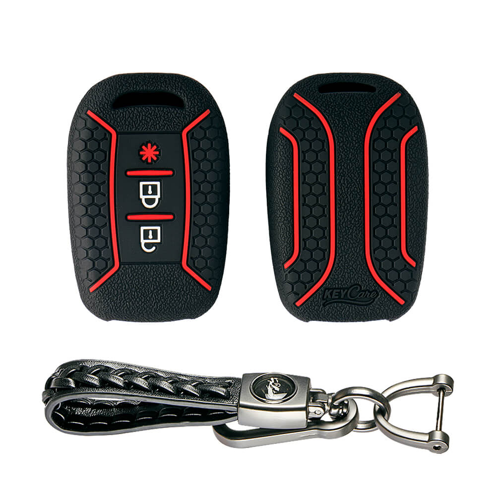 Keycare silicone key cover and keychain fit for : Duster 2020 3 button remote key (KC-62, Leather Woven Keychain) - Keyzone