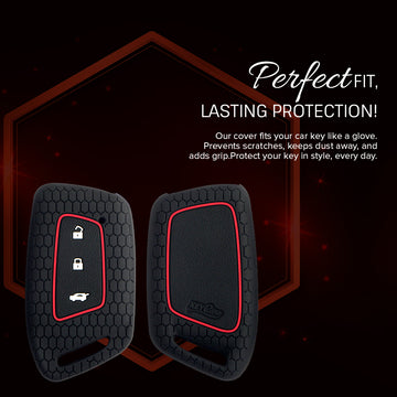 Keycare silicone key cover and keychain for MG Hector, Windsor EV smart key (KC-64, Alloy keychain black)