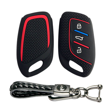 Keycare Silicone Key Cover and keychain Fit for MG : MG ZS EV, Astor 3 Button Smart Key (KC65, Leather Woven Keychain)