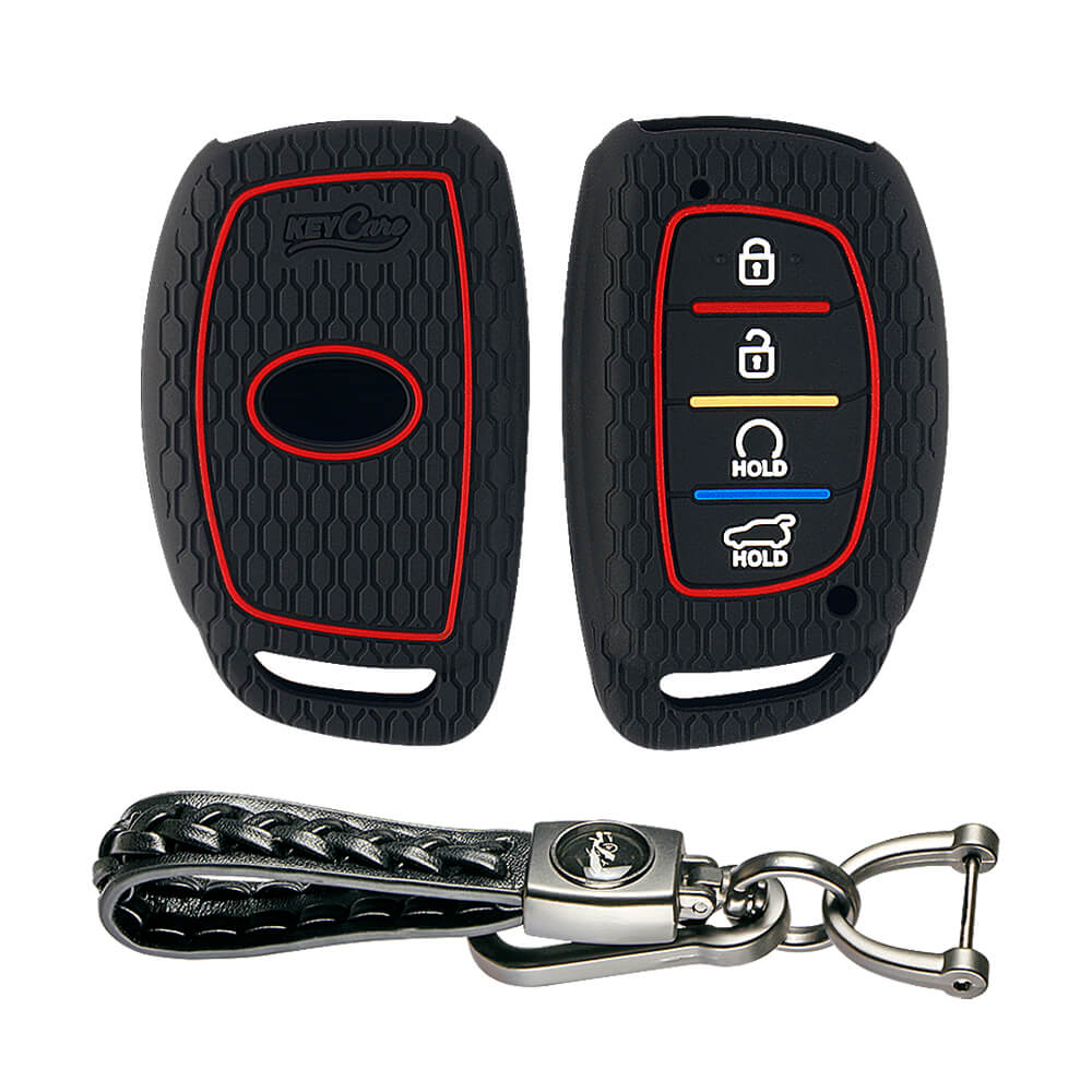 Keycare silicone key cover and keyring fit for : Alcazar and Creta 2021 4 button smart key (KC-67, Leather Woven Keychain)