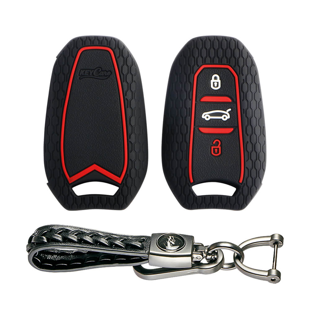 Keycare silicone key cover and keyring fit for : Citroen C5 Aircross 3 button smart key (KC-66, Leather Woven Keychain)