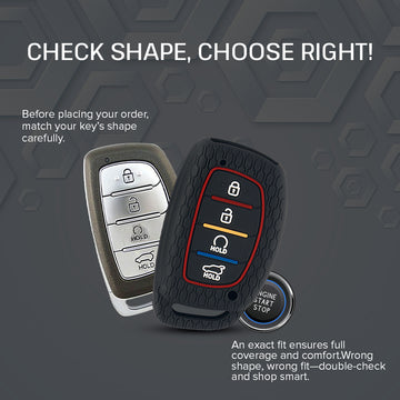 Keycare silicone key cover and keyring fit for : Alcazar and Creta 2021 4 button smart key (KC-67, Leather Woven Keychain)