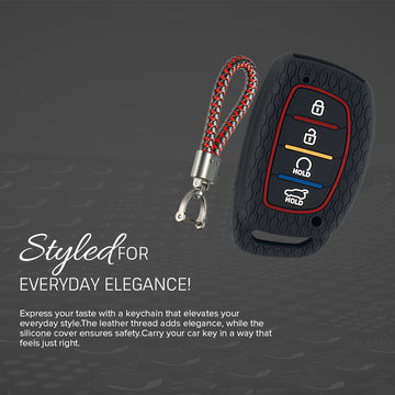 Keycare silicone key cover and keyring fit for : Alcazar and Creta 2021 4 button smart key (KC-67, Leather Thread Keyring)