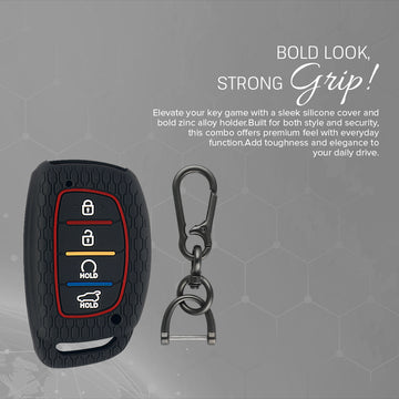 Keycare silicone key cover and keyring fit for : Alcazar and Creta 2021 4 button smart key (KC-67, Zinc Alloy)