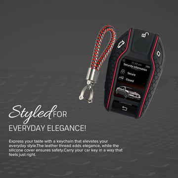 Keycare silicone key cover and keyring fit for : BMW LCD Display smart key (KC-68, Leather Thread Keychain)