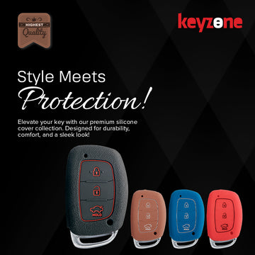Keyzone silicone key cover fit for : Exter, Creta, Elite I20, Active I20, Aura, Verna 4s, Xcent, Tucson, Elantra 3 button smart key (KZ-03)