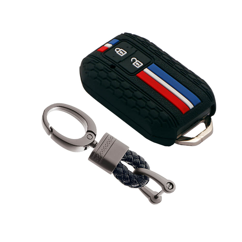 Keyzone striped cover and keychain fit for : Baleno, Jimny, Grand Vitara, Xl6, Ignis, Swift, Ertiga, New Brezza 2022, Fronx, Dzire 2b smart key (KZS-01, Alloy Keychain) - Keyzone