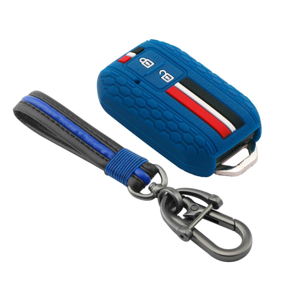Keyzone striped key cover and keychain fit for : Glanza, Urban Cruiser Hyryder, Rumion 2 button smart key (KZS-01, Full Leather Keychain) - Keyzone