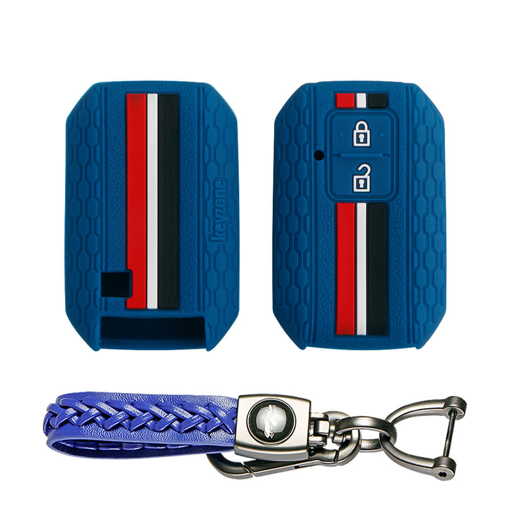 Keyzone striped key cover and keychain fit for : Glanza, Urban Cruiser Hyryder, Rumion 2 button smart key (KZS-01, Woven Keyholder)