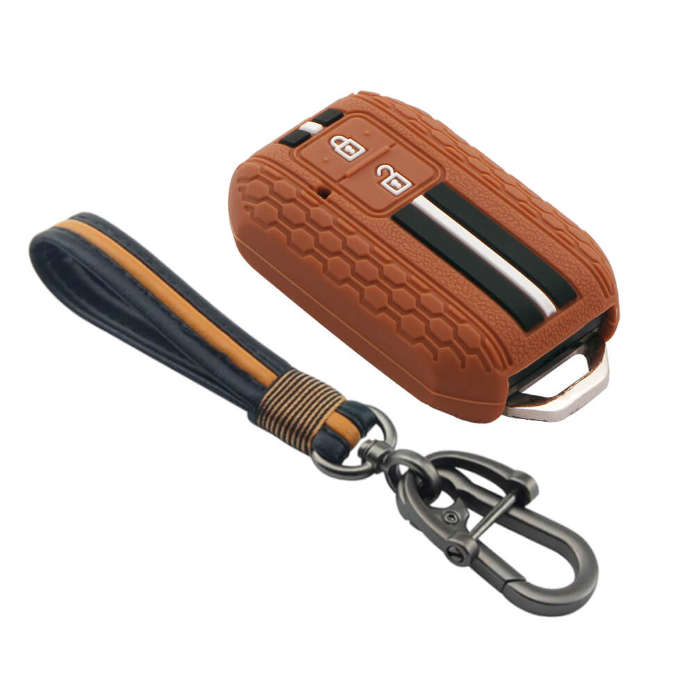 Keyzone striped key cover and keychain fit for : Glanza, Urban Cruiser Hyryder, Rumion 2 button smart key (KZS-01, Full Leather Keychain) - Keyzone
