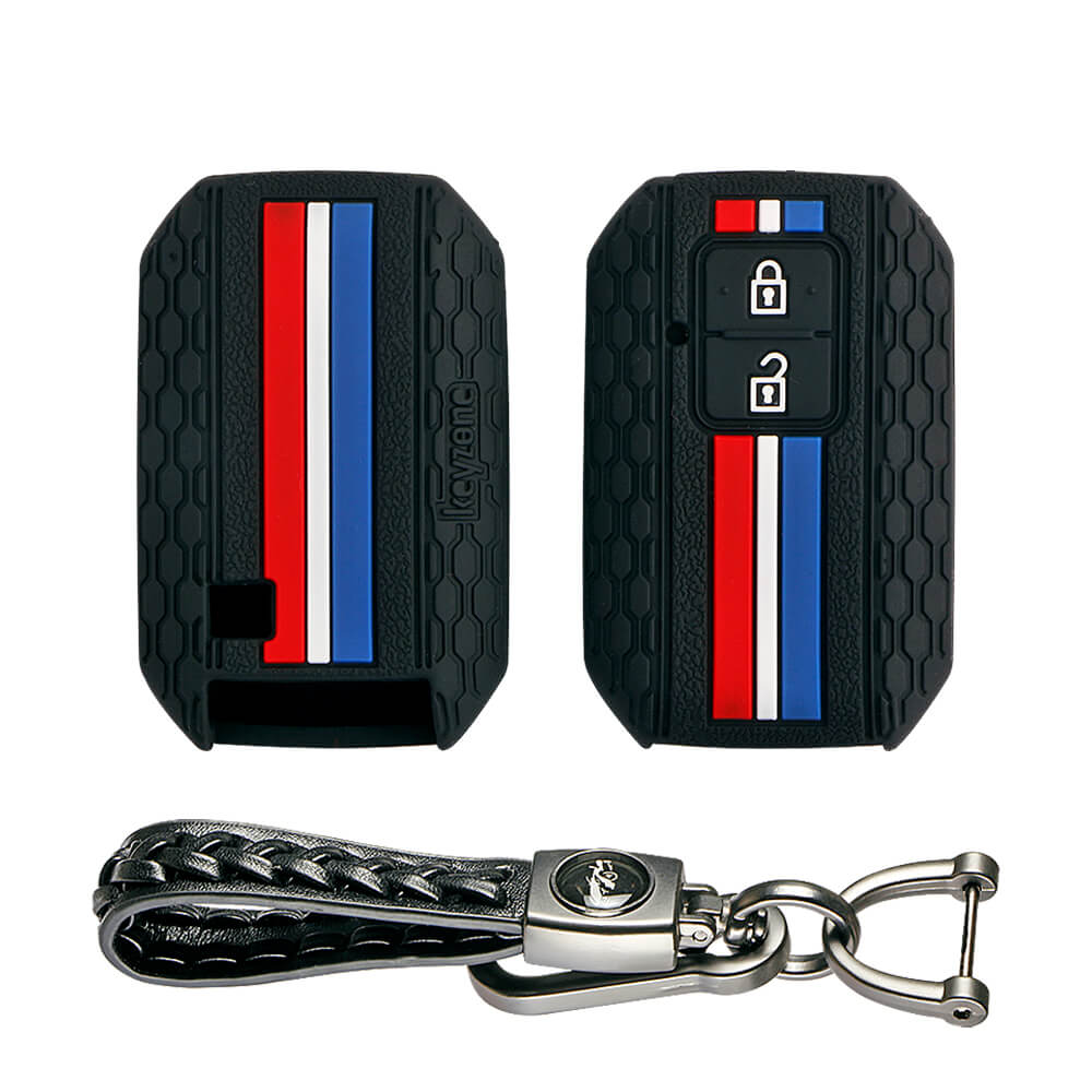 Keyzone striped key cover and keychain fit for : Glanza, Urban Cruiser Hyryder, Rumion 2 button smart key (KZS-01, Woven Keyholder) - Keyzone