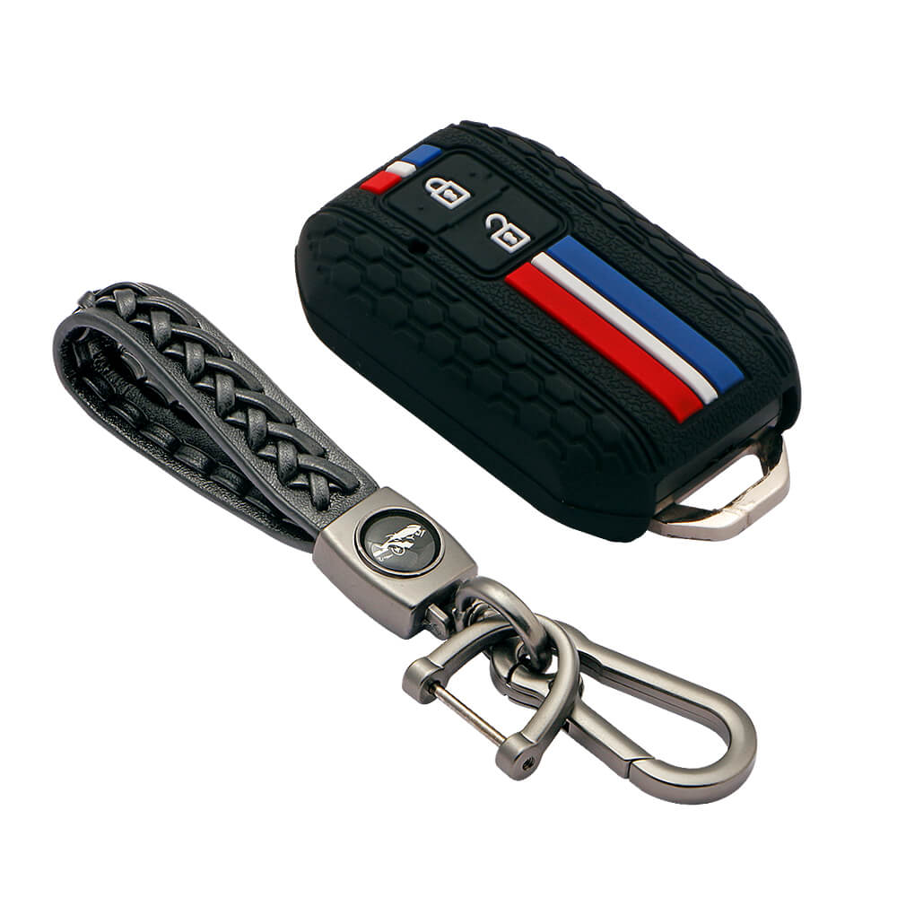 Keyzone striped cover and keychain fit for : Jimny, Baleno, Grand Vitara, Xl6, Ignis, Swift, Ertiga, New Brezza 2022, Fronx, Dzire 2b smart key (KZS-01, Leather Woven Keychain) - Keyzone