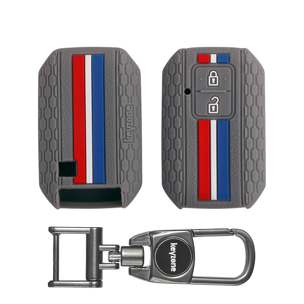 Keyzone Striped Silicone Key Cover & Metal Alloy Key Holder fit for Swift, Baleno, Jimny, Fronx, Grand Vitara, Ertiga, DZire, Brezza, XL6, Ignis 2 button Smart Key (KZS-01, MAH) - Keyzone