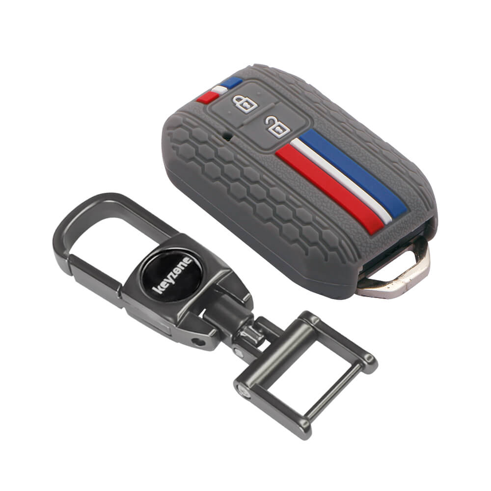 Keyzone Striped Silicone Key Cover and Metal Alloy Key Holder fit for Glanza, Urban Cruiser Hyryder, Rumion 2 button Smart Key (KZS-01, MAH) - Keyzone