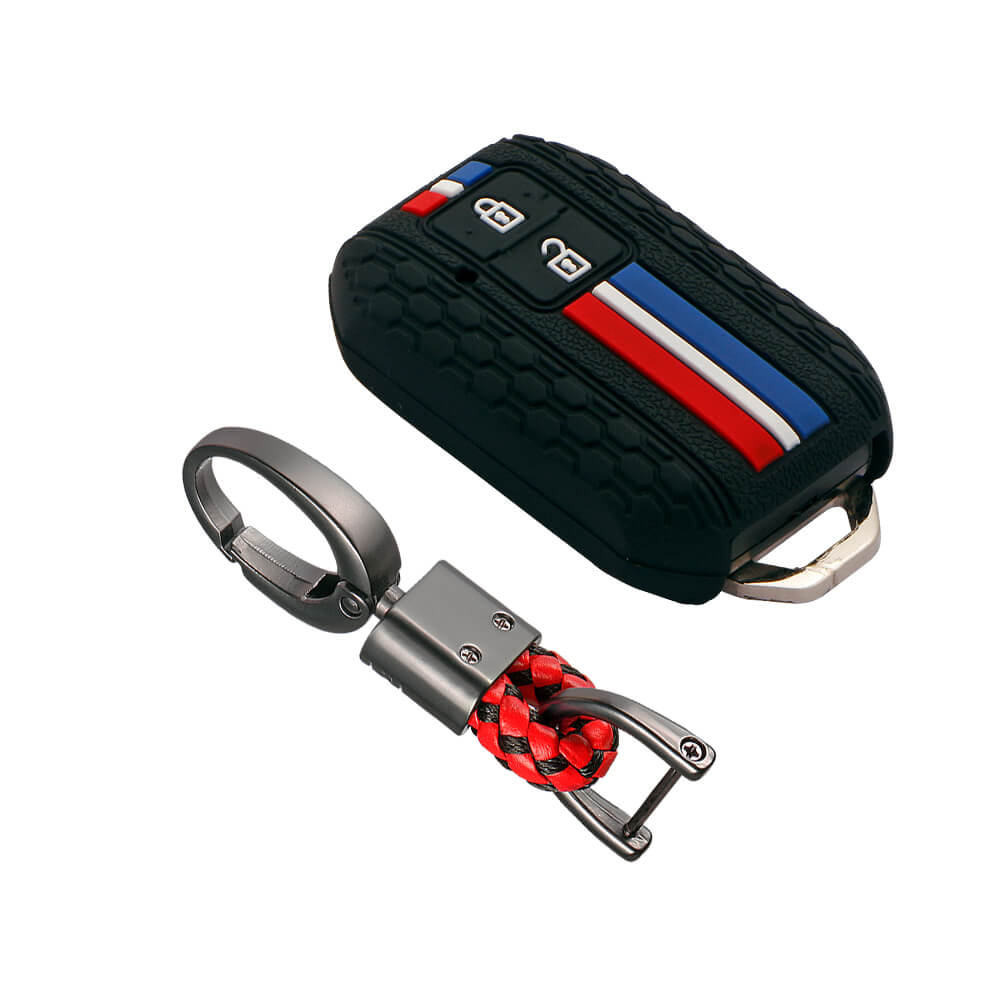 Keyzone striped key cover and keychain fit for : Glanza, Urban Cruiser Hyryder, Rumion 2 button smart key (KZS-01, Alloy Keychain) - Keyzone