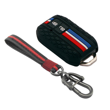 Keyzone striped cover and keychain fit for : Victoris, Jimny, Baleno, Grand Vitara, Xl6, Ignis, Swift, Ertiga, New Brezza 2022, Fronx, Dzire 2b smart key (KZS-01, Full Leather Keychain)