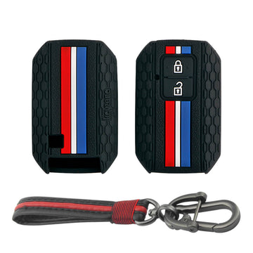 Keyzone striped cover and keychain fit for : Victoris, Jimny, Baleno, Grand Vitara, Xl6, Ignis, Swift, Ertiga, New Brezza 2022, Fronx, Dzire 2b smart key (KZS-01, Full Leather Keychain)