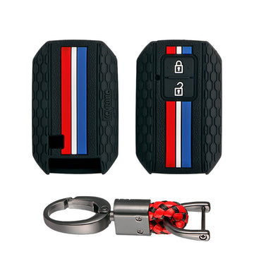 Keyzone striped key cover and keychain fit for : Glanza, Urban Cruiser Hyryder, Rumion 2 button smart key (KZS-01, Alloy Keychain) - Keyzone