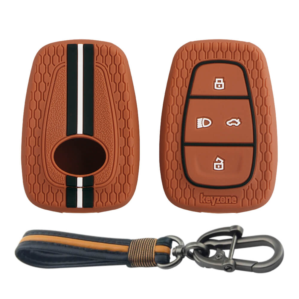 Keyzone striped key cover and keychain fit for : Tata Nexon, Altroz, Harrier, Tigor Bs6, Safari Gold, Punch, Tigor Ev, Safari 2021 4 button smart key (KZS-02, Full Leather Keychain) - Keyzone