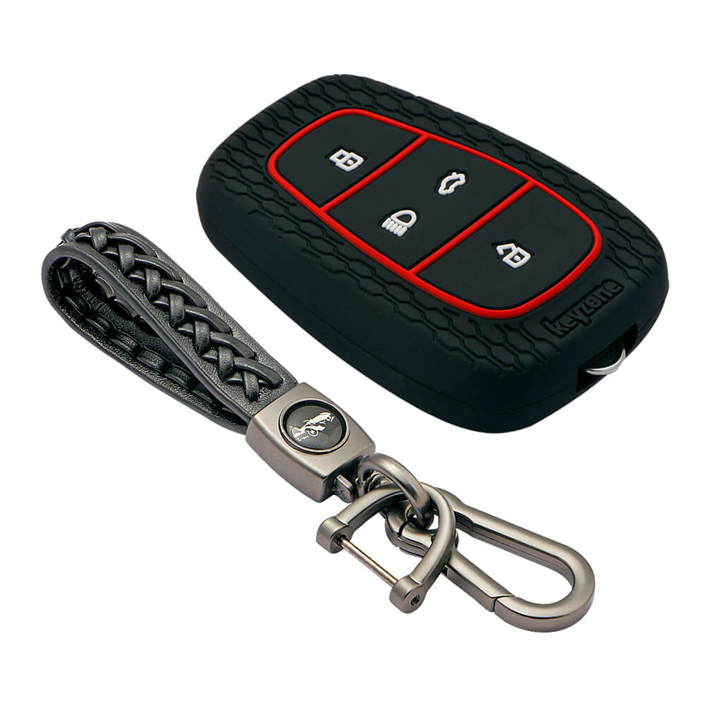 Keyzone striped key cover and keychain fit for : Tata Nexon, Altroz, Harrier, Tigor Bs6, Safari Gold, Punch, Tigor Ev, Safari 2021 4 button smart key (KZS-02, Leather Woven Keychain) - Keyzone