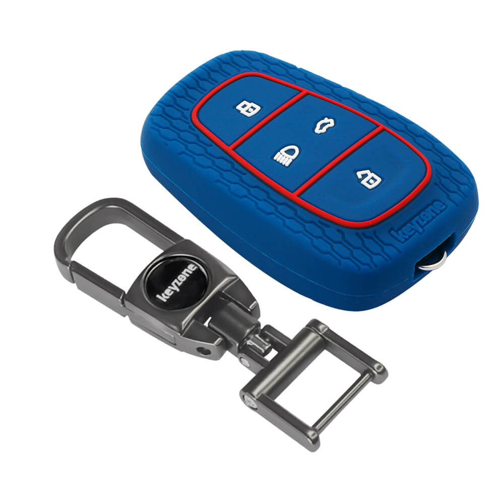 Keyzone Striped Silicone Key Cover & Metal Alloy Key Holder fit for Tata Nexon, Harrier, Safari, Altroz, Punch, Tigor 4 Button Smart Key (KZS-02, MAH) - Keyzone