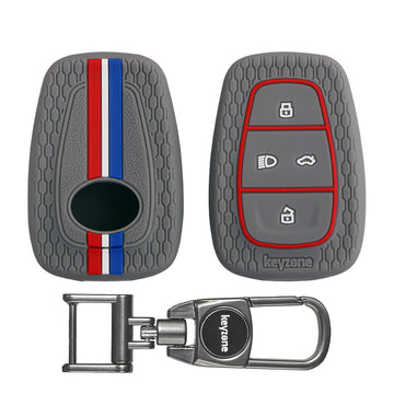 Keyzone Striped Silicone Key Cover & Metal Alloy Key Holder fit for Tata Nexon, Harrier, Safari, Altroz, Punch, Tigor 4 Button Smart Key (KZS-02, MAH)