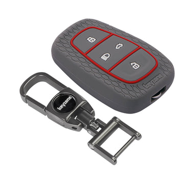 Keyzone Striped Silicone Key Cover & Metal Alloy Key Holder fit for Tata Nexon, Harrier, Safari, Altroz, Punch, Tigor 4 Button Smart Key (KZS-02, MAH) - Keyzone