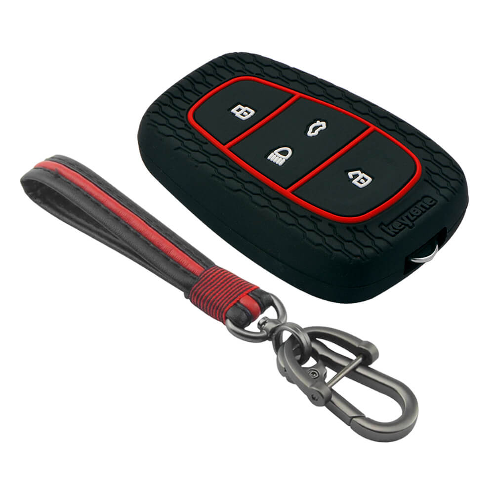 Keyzone striped key cover and keychain fit for : Tata Nexon, Altroz, Harrier, Tigor Bs6, Safari Gold, Punch, Tigor Ev, Safari 2021 4 button smart key (KZS-02, Full Leather Keychain) - Keyzone