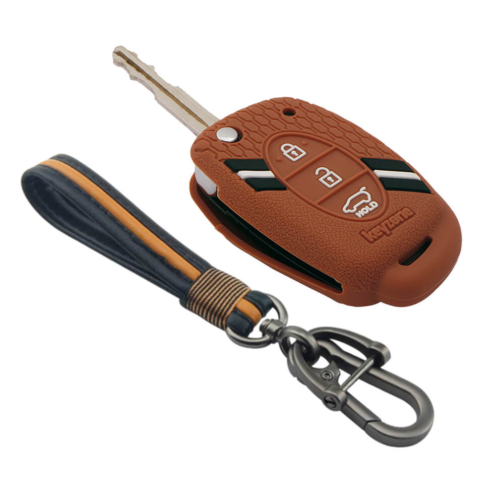 Keyzone striped key cover and keychain fit for : Creta, I20 2020, I20 Elite, I20 Active, Grand I10, Aura, Xcent 19 Onwards, Venue flip key (KZS-03, Full Leather Keychain) - Keyzone