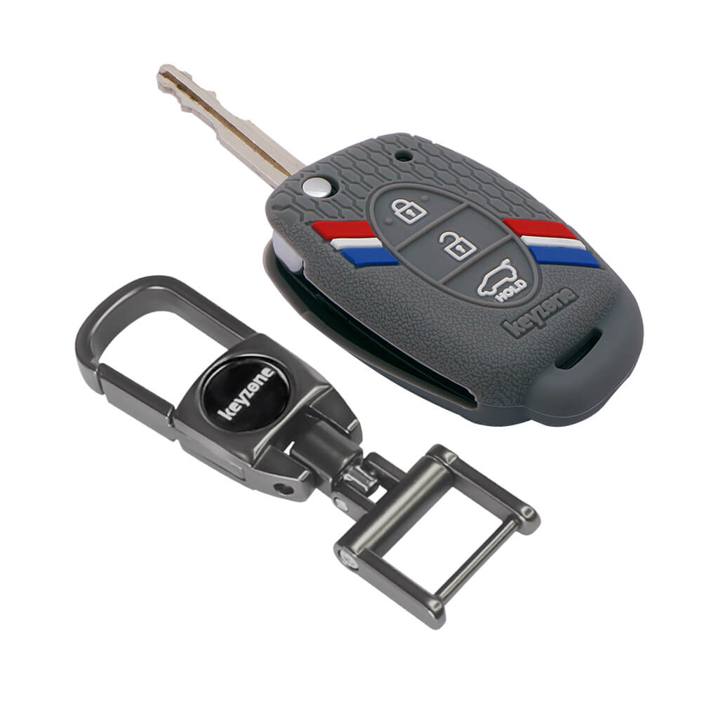 Keyzone® striped silicone key cover & metal alloy key holder fit for Creta, Venue, Aura, i20, Grand i10 Nios, Xcent 3 button flip key (KZS-03, MAH) - Keyzone