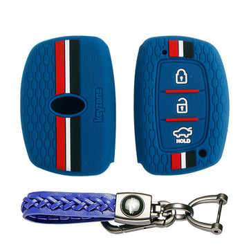 Keyzone striped key cover and keychain fit for : Exter, Creta, Elite I20, Active I20, Aura, Verna 4s, Xcent, Tucson, Elantra 3 button smart key (KZS-05, Leather Woven Keychain)