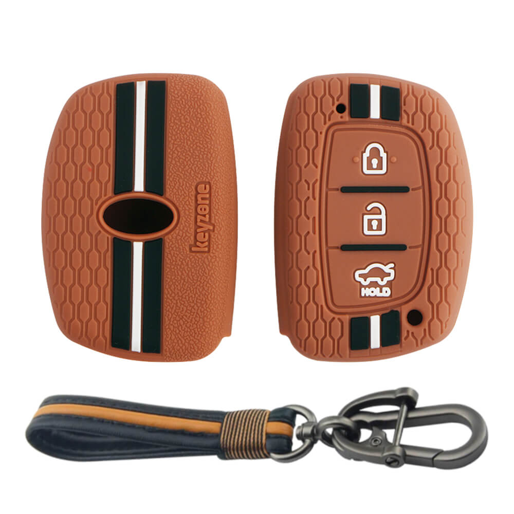 Keyzone striped key cover and keychain fit for : Exter, Creta, Elite I20, Active I20, Aura, Verna 4s, Xcent, Tucson, Elantra 3 button smart key (KZS-05, Full Leather Keychain)