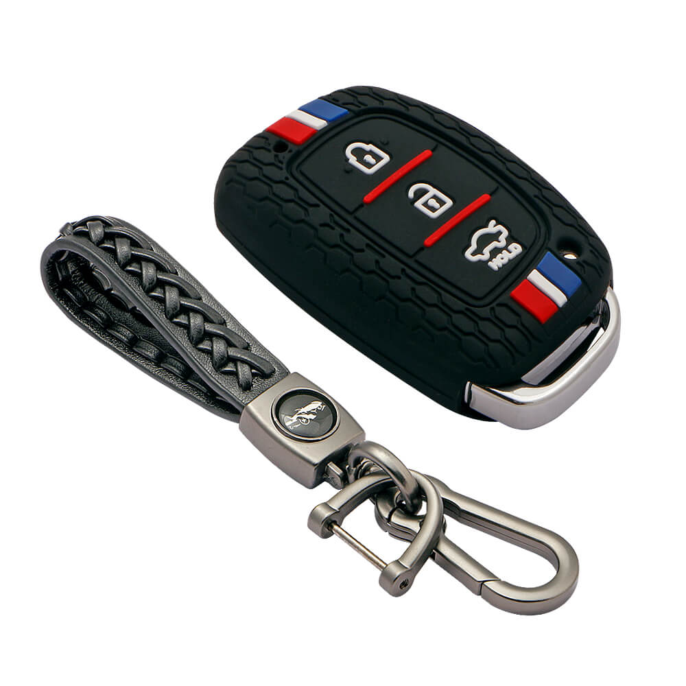 Keyzone striped key cover and keychain fit for : Exter, Creta, Elite I20, Active I20, Aura, Verna 4s, Xcent, Tucson, Elantra 3 button smart key (KZS-05, Leather Woven Keychain) - Keyzone