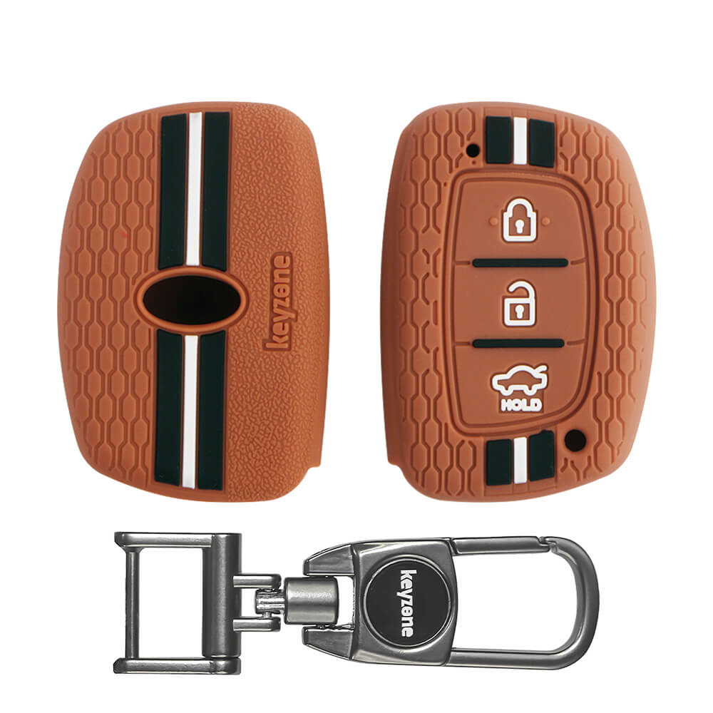 Keyzone Striped Silicone Key Cover & Metal Alloy Key Holder Compatible for Hyundai i20 Creta Exter Grand i10 Xcent Verna 4s Tucson Elantra 3 button Smart Key (KZS-05, MAH) - Keyzone