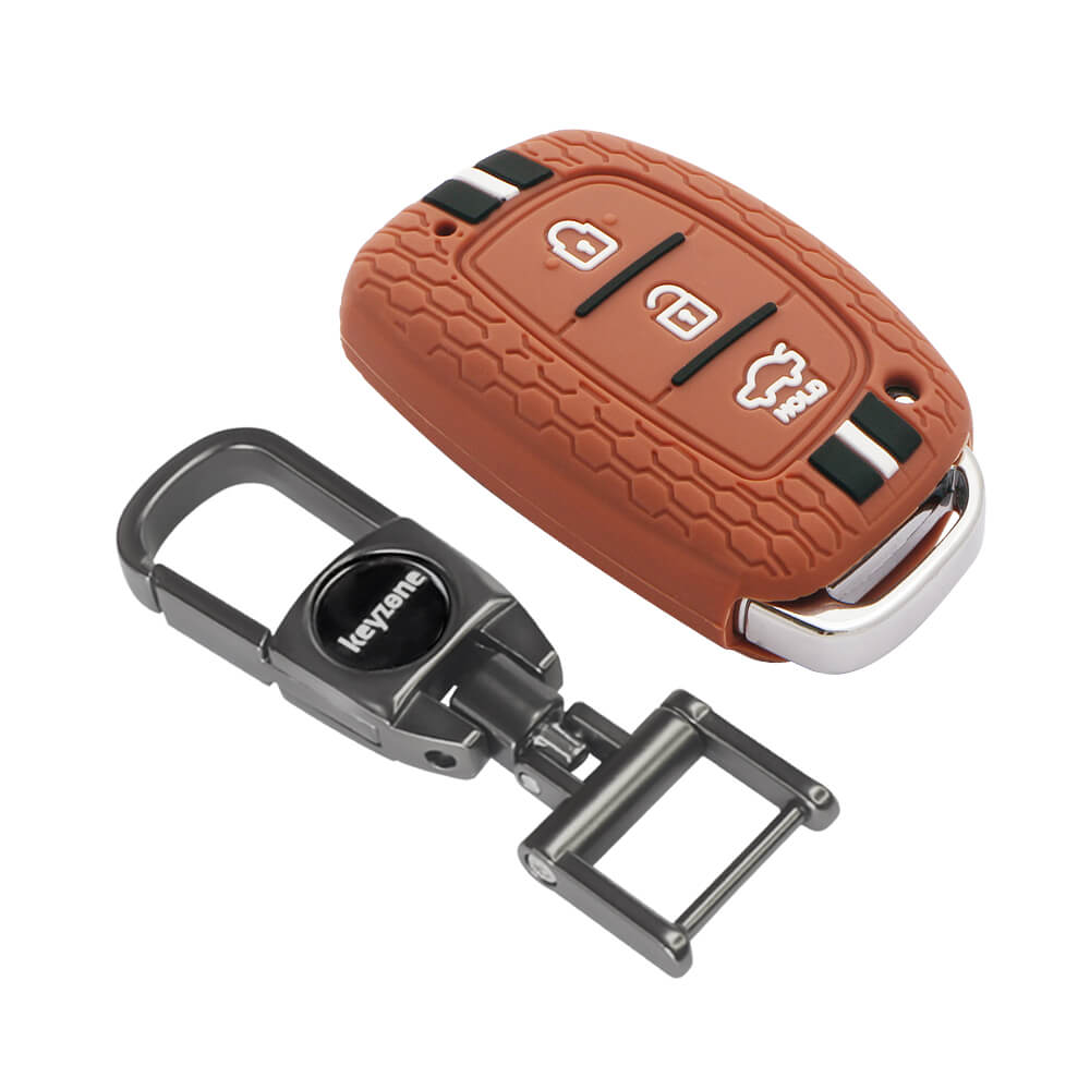 Keyzone Striped Silicone Key Cover & Metal Alloy Key Holder Compatible for Hyundai i20 Creta Exter Grand i10 Xcent Verna 4s Tucson Elantra 3 button Smart Key (KZS-05, MAH) - Keyzone