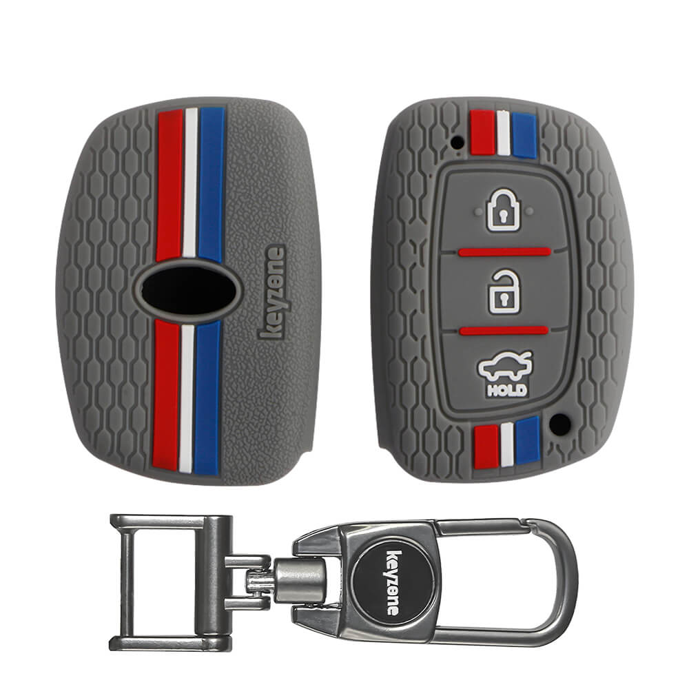 Keyzone Striped Silicone Key Cover & Metal Alloy Key Holder Compatible for Hyundai i20 Creta Exter Grand i10 Xcent Verna 4s Tucson Elantra 3 button Smart Key (KZS-05, MAH)