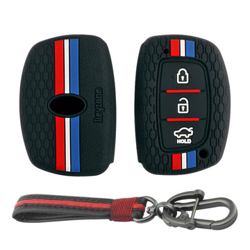Keyzone striped key cover and keychain fit for : Exter, Creta, Elite I20, Active I20, Aura, Verna 4s, Xcent, Tucson, Elantra 3 button smart key (KZS-05, Full Leather Keychain)