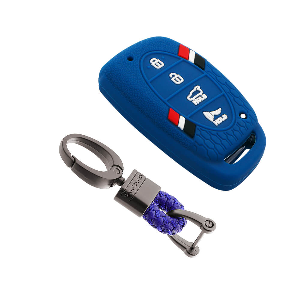 Keyzone striped key cover and keychain fit for : Venue, Elantra, Tucson, I20 N Line 2021, Creta 2020, i20 2020 Hyundai 4 button smart key (Alloy Keychain) - Keyzone