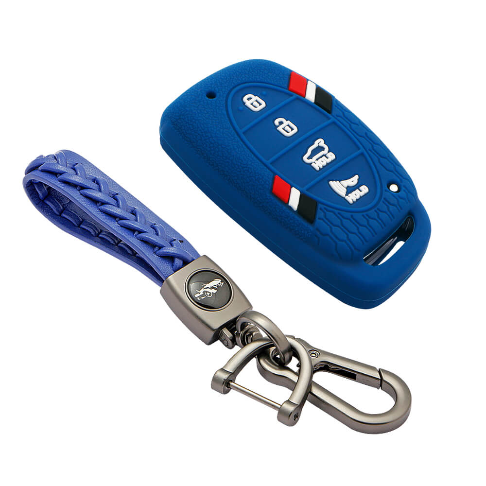 Keyzone striped key cover and keychain fit for : Venue, Elantra, Tucson, I20 N Line 2021, Creta 2020, i20 2020 Hyundai 4 button smart key (KZS06, Leather Woven Keychain) - Keyzone