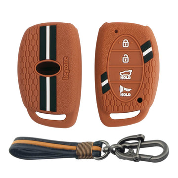 Keyzone striped key cover and keychain fit for : Venue, Elantra, Tucson, I20 N Line 2021, Creta 2020, i20 2020 Hyundai 4 button smart key (KZS06, Full Leather Keychain) - Keyzone
