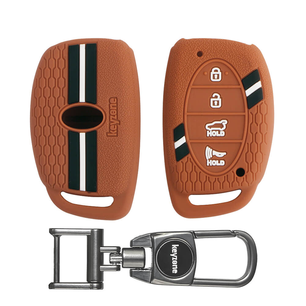 Keyzone Striped Silicone Key Cover & Metal Alloy key holder Compatible for Hyundai i20 Creta Venue Tucson Elantra 4 Button Smart Key (KZS-06, MAH) - Keyzone
