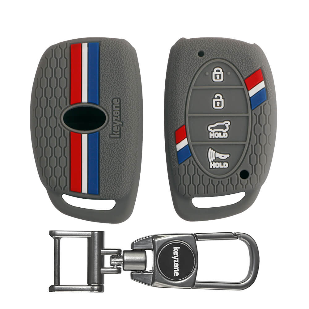 Keyzone Striped Silicone Key Cover & Metal Alloy key holder Compatible for Hyundai i20 Creta Venue Tucson Elantra 4 Button Smart Key (KZS-06, MAH)
