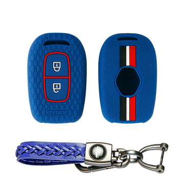 Keyzone striped key cover and keychain fit for : Kwid, Duster, Triber, Kiger remote key (KZS-07,Leather Woven Keychain))