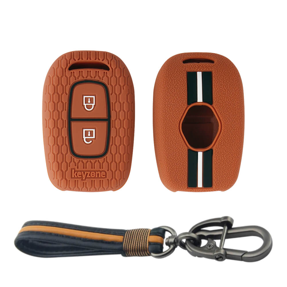 Keyzone striped key cover and keychain fit for : Kwid, Duster, Triber, Kiger remote key (KZS-07, Full Leather Keychain)